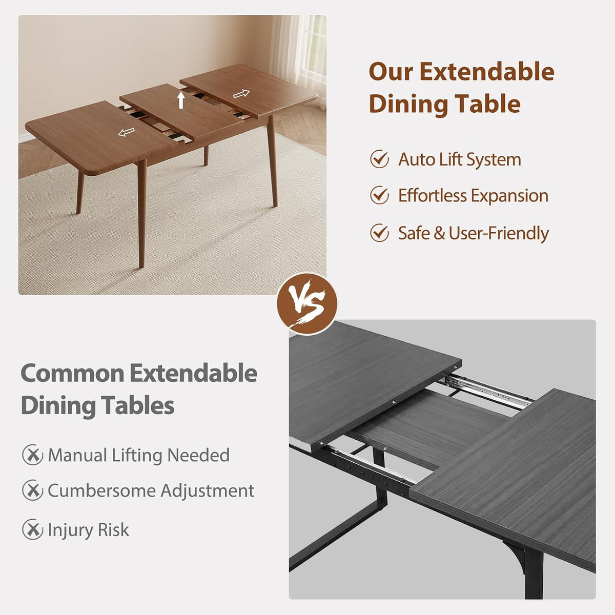 Muwuele 47"-63" Solid Wood Extendable Dining Tables for 4-8, Walnut