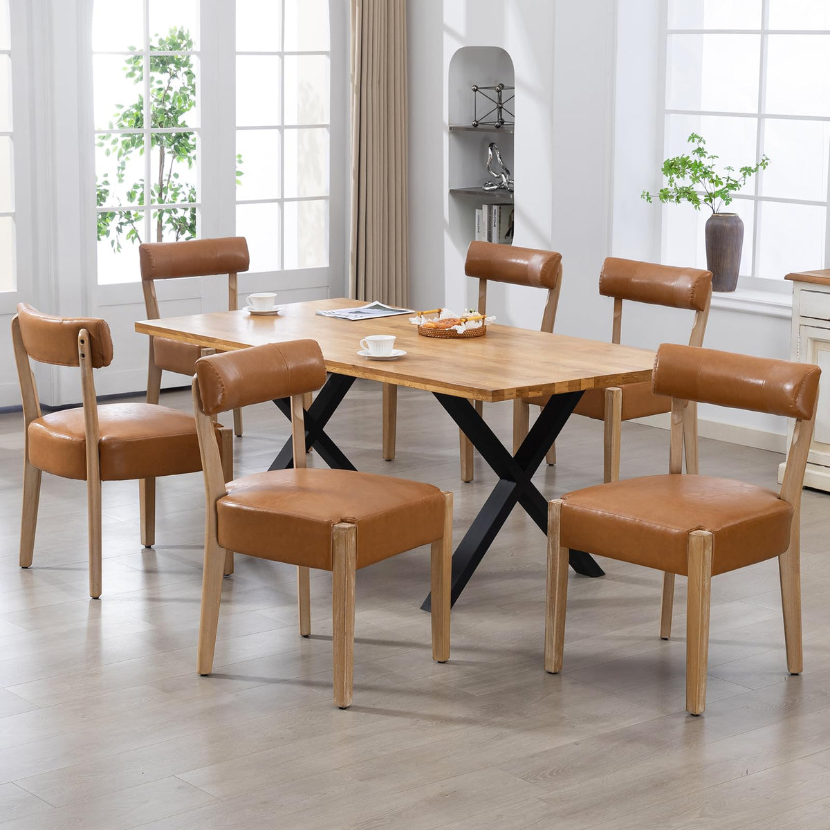 ZJhome Dining Chairs Set of 4,Mid Century Modern Dining Chair Set - Linen Upholstered Low Back Kitchen & Dining Room Chairs with Woven Design,Oatmeal Fabric