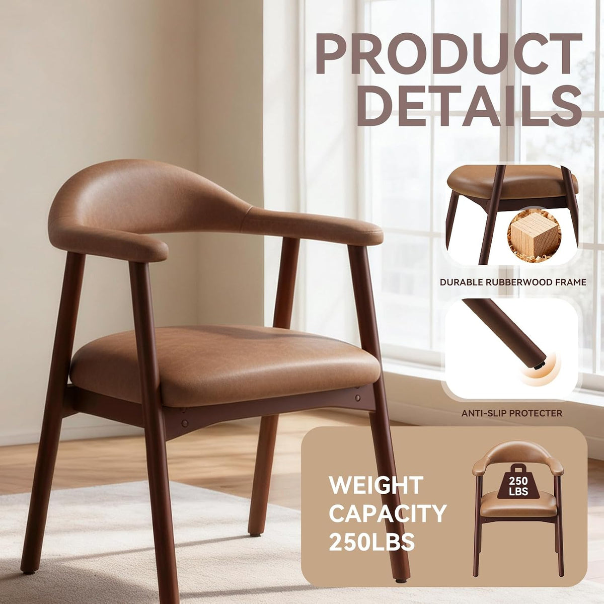 MALOL Leather Dining Chair with Armrest Set of 4, Upholstered Dining Room Chair with Curved Back and Wood Legs, Mid Century Modern Kitchen Chairs for Kitchen Dining Room,Brown