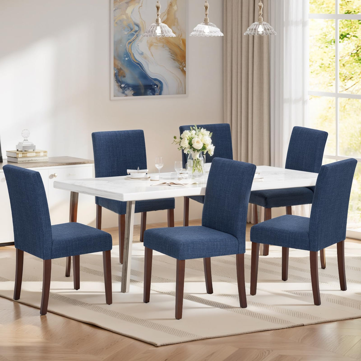 MALOL Upholstered Dining Chairs Set of 6, High Back Kitchen Room Chairs, Mid Century Modern Dining Room Chairs for Kitchen, Living Room, Blue