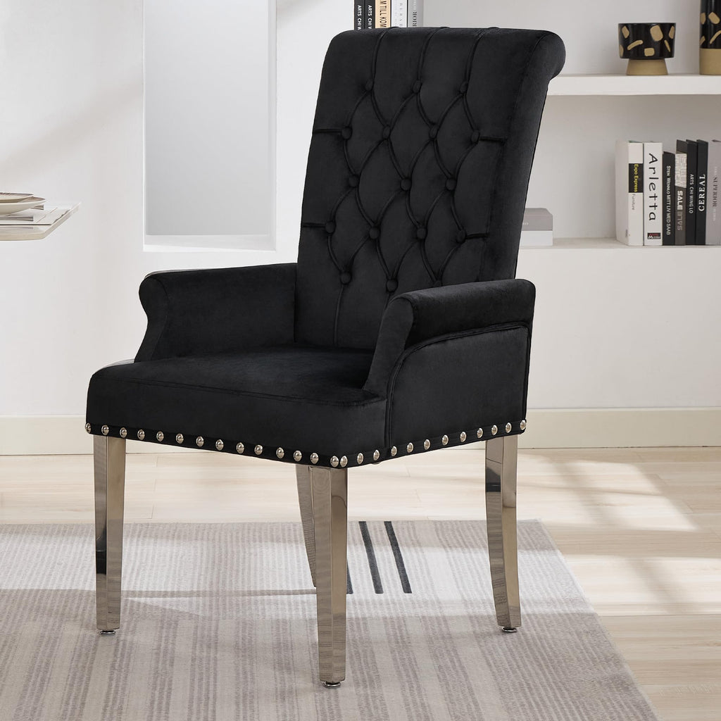 WUTUTUEE Fabric Dining Chair with Arms, Upholstered Tufted High Back Dining Room Chairs, Accent Armchair with Solid Wood Leg and Nailhead Trim, Kitchen Dining Living Room, Beige