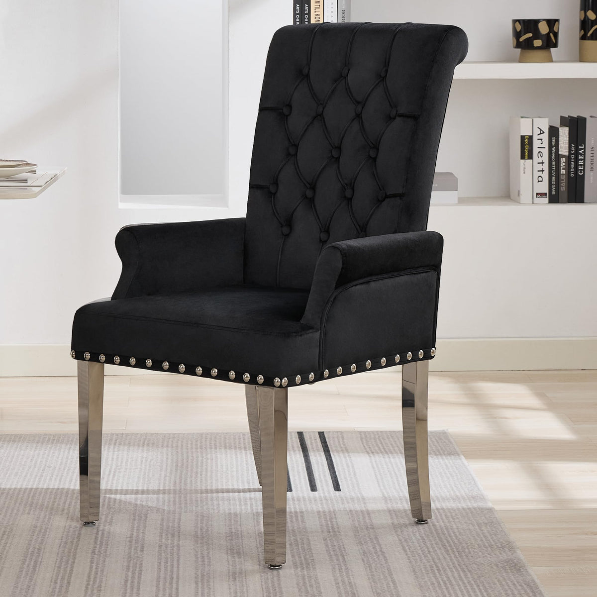 WUTUTUEE Fabric Dining Chair with Arms, Upholstered Tufted High Back Dining Room Chairs, Accent Armchair with Solid Wood Leg and Nailhead Trim, Kitchen Dining Living Room, Beige