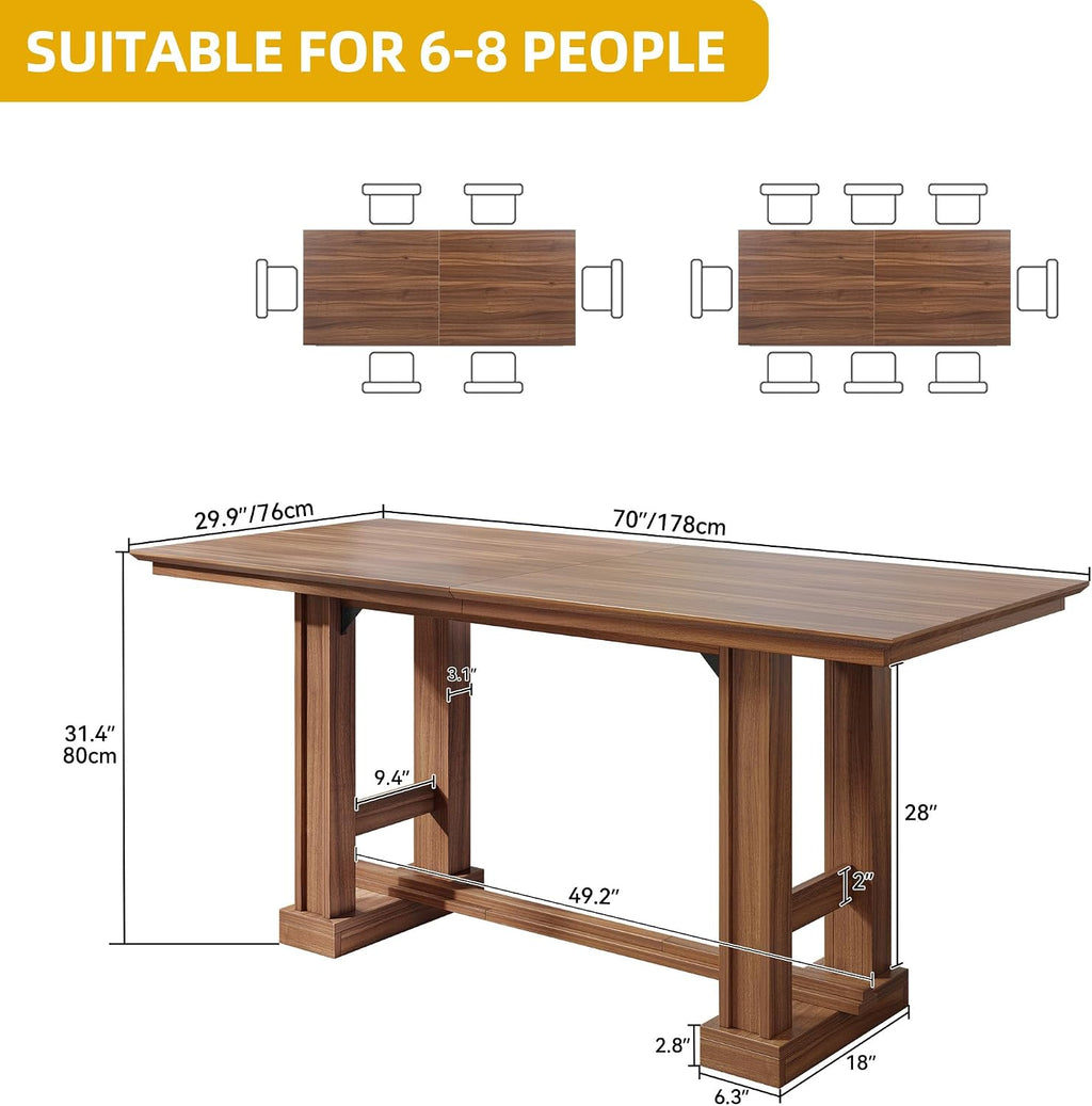 DWVO 70" Farmhouse Rectangular Dining Table for 6-8, Wooden, Dark Walnut