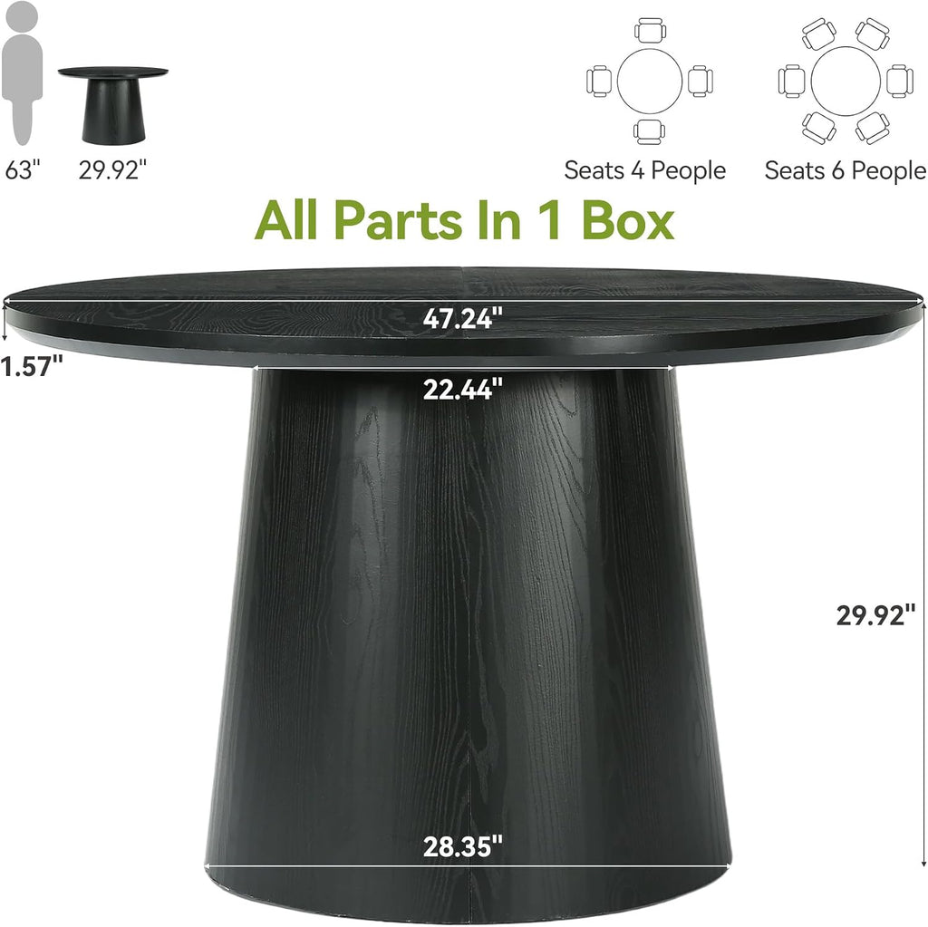 LITTLE TREE 47.24 Inches Round Dining Table, Modern Wooden Kitchen Table with Heavy-Duty Table Legs, Space Saving Circle Dinner Furniture for Kitchen, Dining Room, Living Room, Black