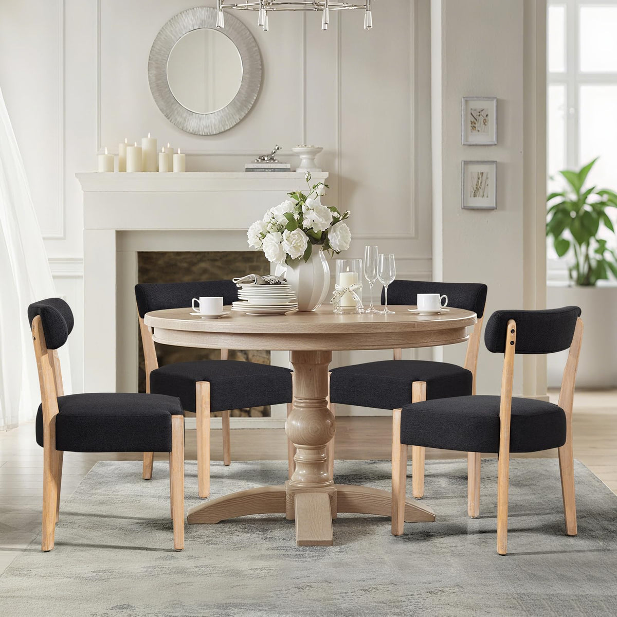 ZJhome Dining Chairs Set of 4,Mid Century Modern Dining Chair Set - Linen Upholstered Low Back Kitchen & Dining Room Chairs with Woven Design,Oatmeal Fabric