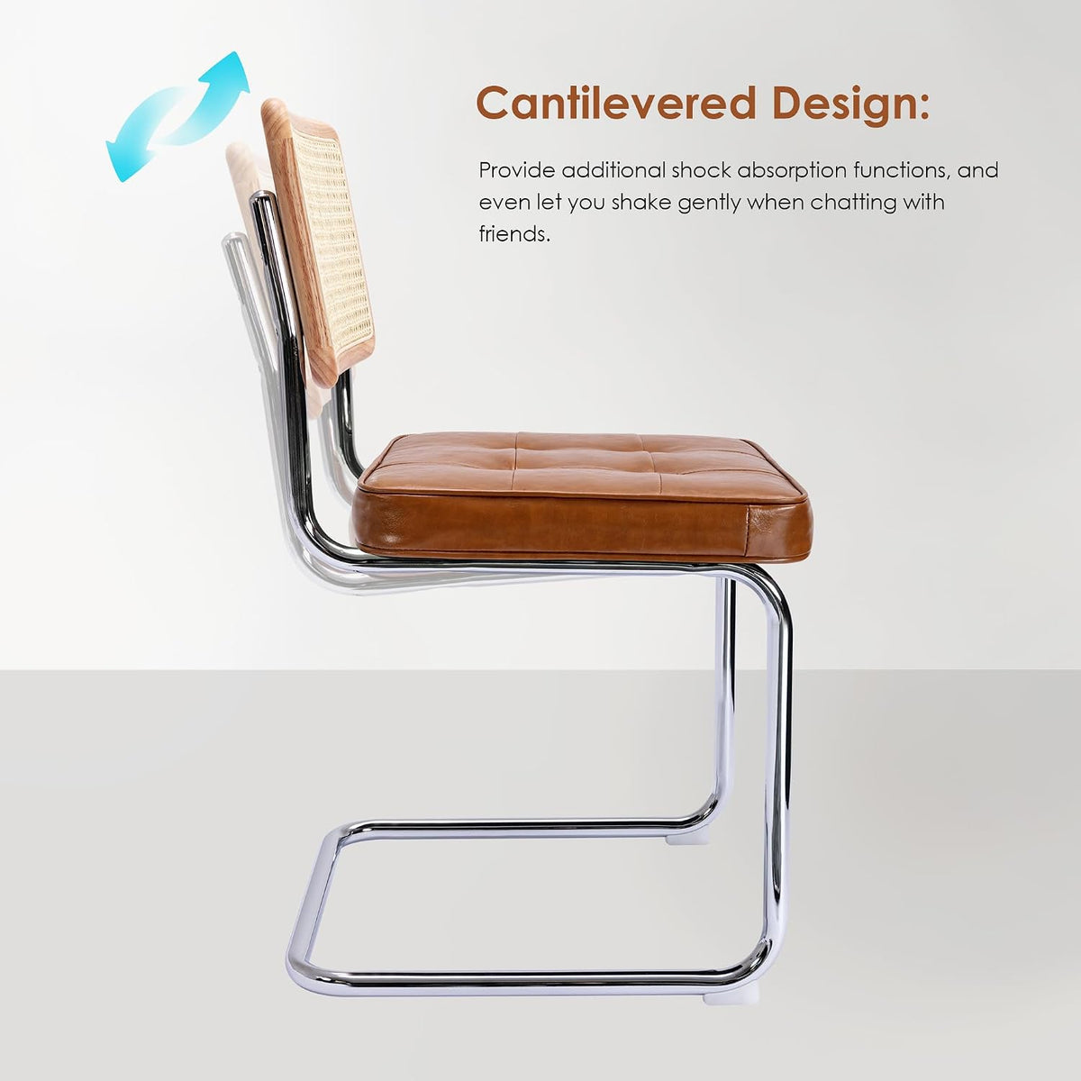 ONEVOG Faux Leather Dining Chairs Set of 2, Mid-Century Modern Kitchen Chairs with Natural Rattan Back and Non-Slip Metal Legs, 19" Upholstered Armless Dining Room Chairs, Caramel Brown
