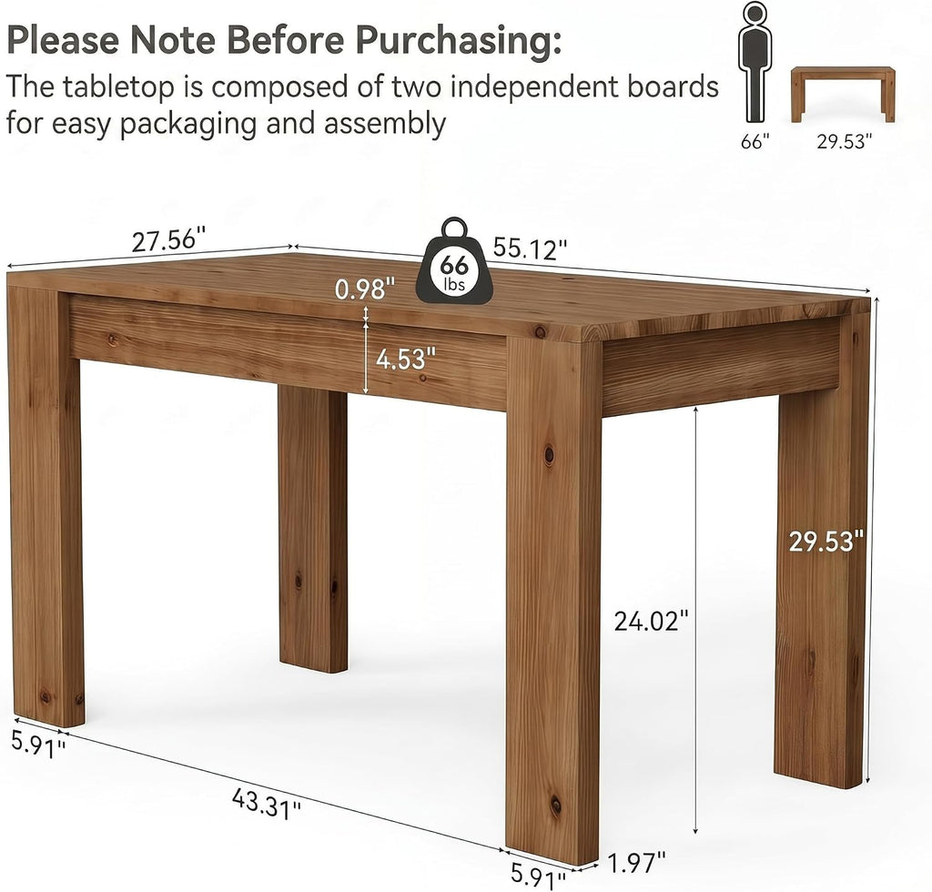 LITTLE TREE 55 Inch Solid Wood Rectangular Dining Table, 29.53" Standard Dining Height Farmhouse Kitchen Table with Thick Sturdy Legs, Compact 4‑6 Person Dinner Table, Rustic Brown, Table Only