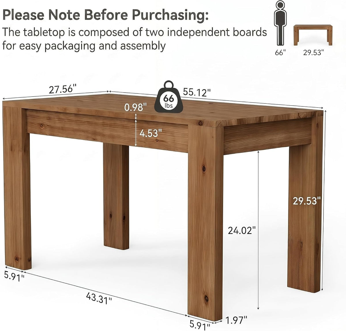 LITTLE TREE 55 Inch Solid Wood Rectangular Dining Table, 29.53" Standard Dining Height Farmhouse Kitchen Table with Thick Sturdy Legs, Compact 4‑6 Person Dinner Table, Rustic Brown, Table Only