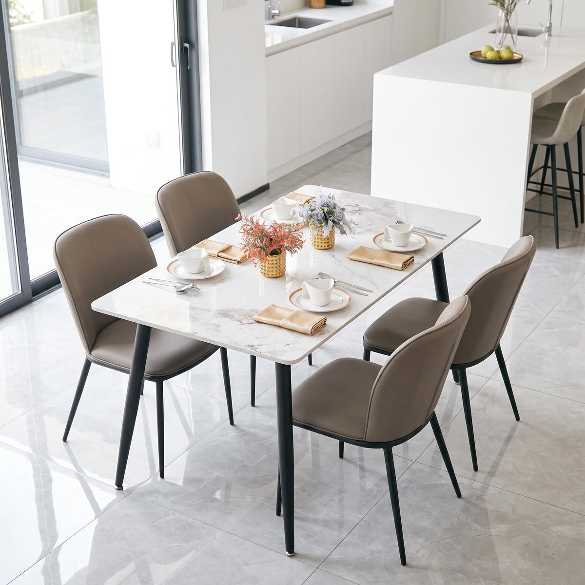63" Sintered Stone Dining Table, Modern Kitchen Table with Marble Top, Rectangular Dining Table with Black Metal Legs for Small Space Living Room,Kitchen,Office,Cafe, Pandora Beige