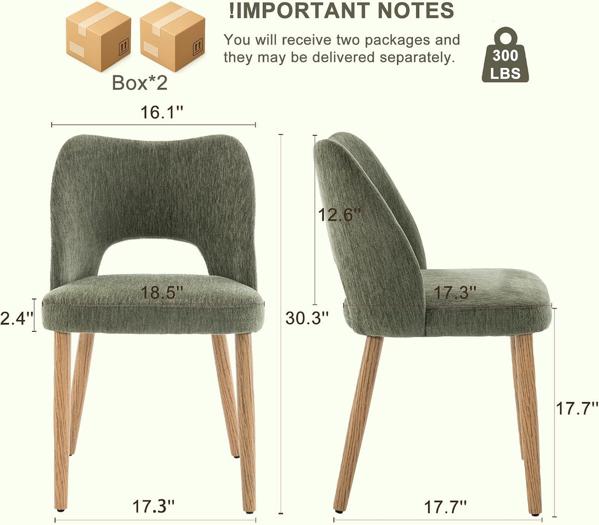 Modern Dining Chairs Set of 4, Upholstered Fabric Kitchen Chairs with Butterfly Hollow Back, Solid Wood Legs, Easy Assembly, Farmhouse Style for Kitchen & Dining Room, Green