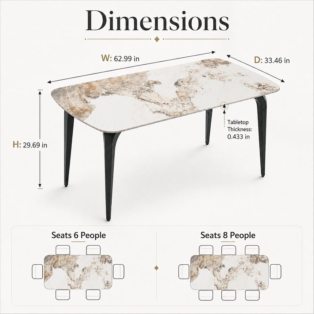 63" Sintered Stone Dining Table, Modern Kitchen Table with Marble Top, Rectangular Dining Table with Black Metal Legs for Small Space Living Room,Kitchen,Office,Cafe, Pandora Beige