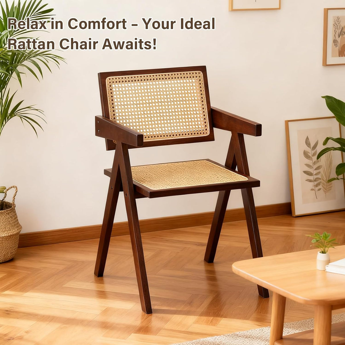 Furlide Rattan Dining Chairs Set of 2, Bamboo Armchairs in Walnut