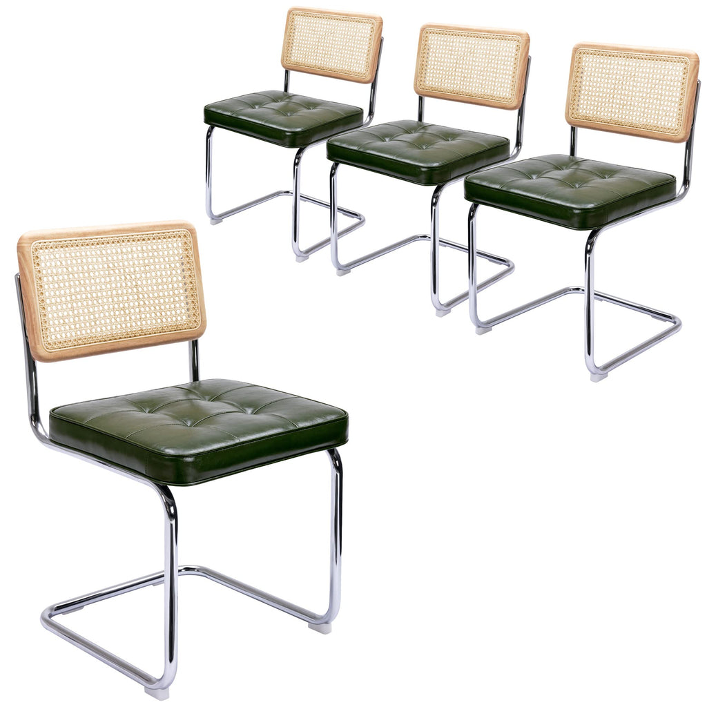 ONEVOG Faux Leather Dining Chairs Set of 2, Mid-Century Modern Kitchen Chairs with Natural Rattan Back and Non-Slip Metal Legs, 19" Upholstered Armless Dining Room Chairs, Caramel Brown