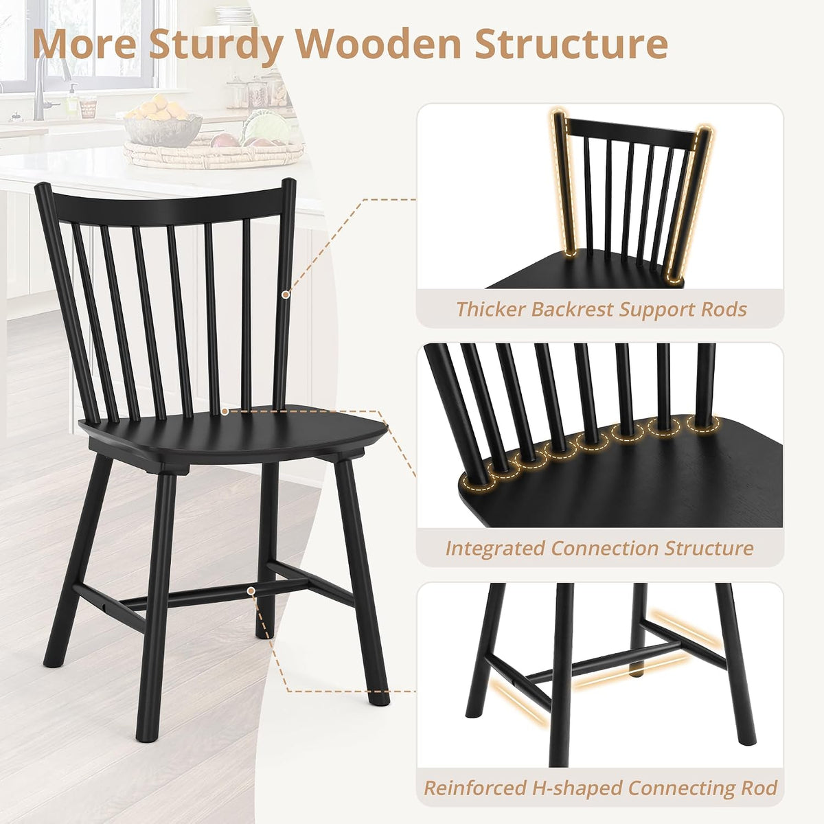 LUE BONA Upgraded Dining Chairs Set of 4, Farmhouse Wooden Spindle Back Kitchen Chairs, Windsor Dining Chairs for Kitchen and Dining Room, Black