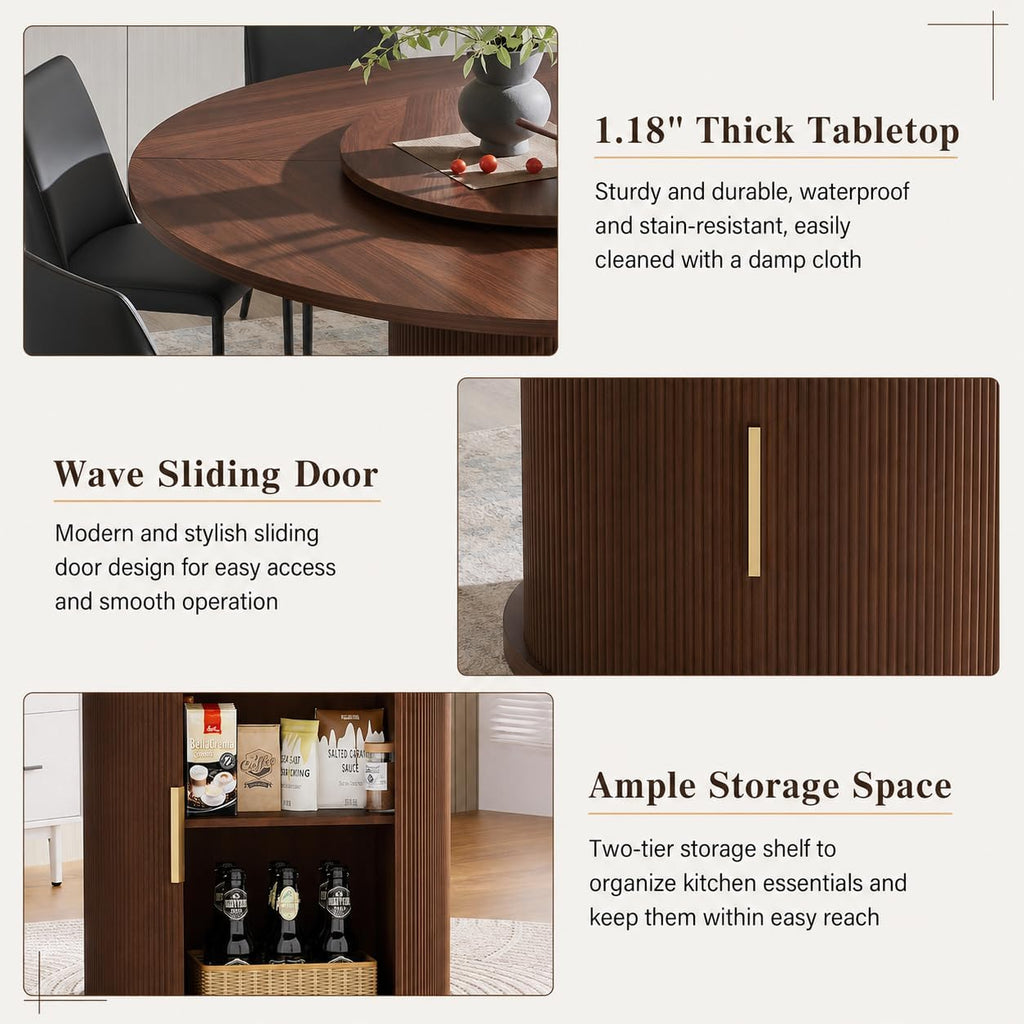 55" Fluted Round Dining Table for 4-6, Mid-Century Modern Kitchen Table with Rotating Tray, 2-Tier Storage Shelf, Wood Sliding Doors and Pedestal Base, Walnut