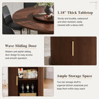 55" Fluted Round Dining Table for 4-6, Mid-Century Modern Kitchen Table with Rotating Tray, 2-Tier Storage Shelf, Wood Sliding Doors and Pedestal Base, Walnut