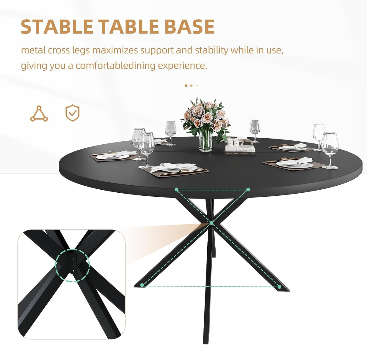 47.24" Round Dining Table for 4-6 Person, Round Kitchen Table with Wood Top, Circle Dinner Pedestal Tables with Metal Legs for Dining Room Kitchen (Black)