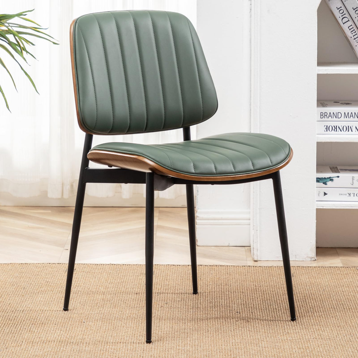 LUNLING Dining Chairs Set of 2 Mid Century Modern Retro Green Velvet Kitchen Chairs with Walnut Bentwood Upholstered Seat Metal Legs Adjustable Foot for Kitchen Dining Room Chairs(Green Fabric)