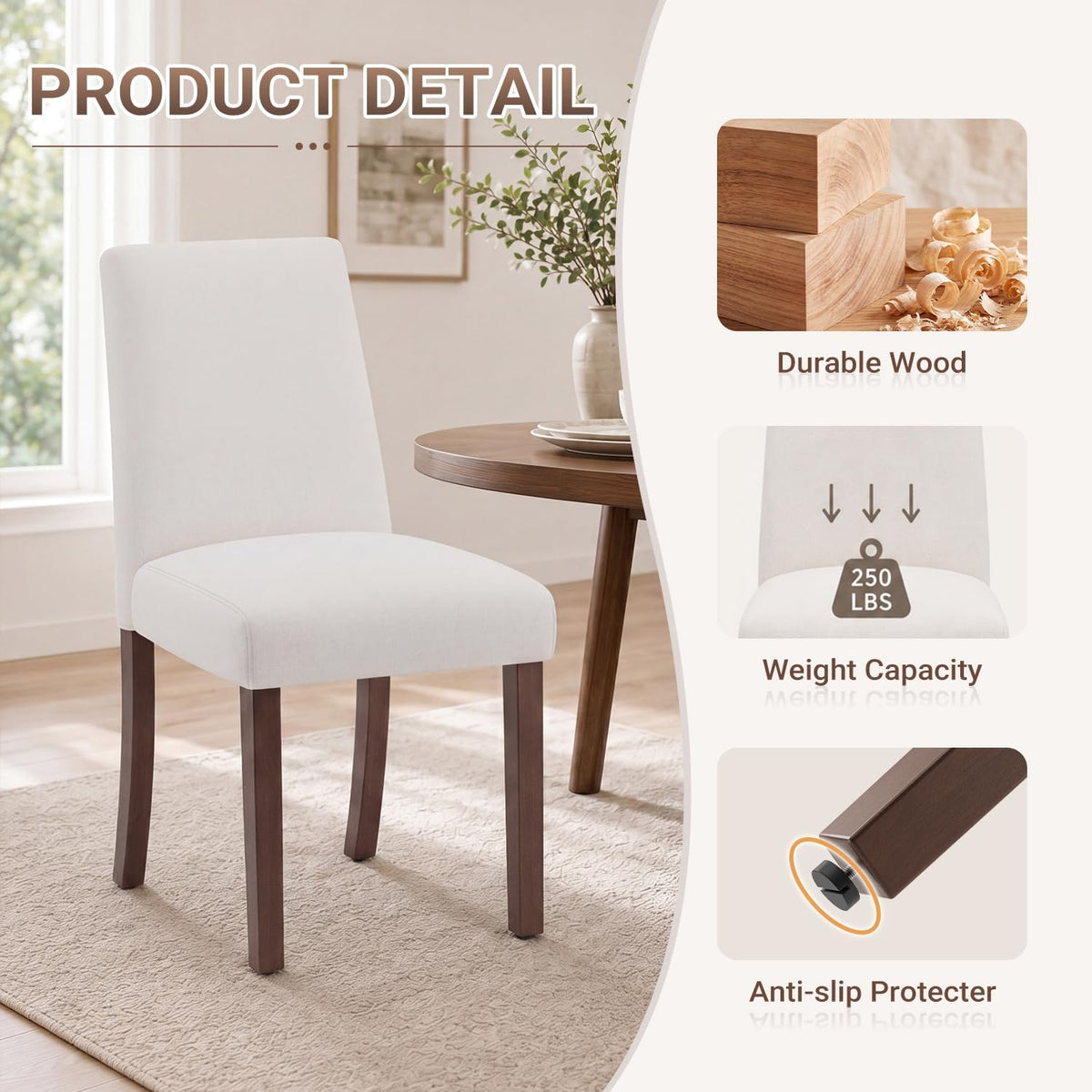 MALOL Upholstered Kitchen Chairs Set of 6, Modern Kitchen Chairs with High Back, Padded Fabric Dining Room Chair with Solid Wood Legs for Restaurant/Cafe/Home, Light Beige