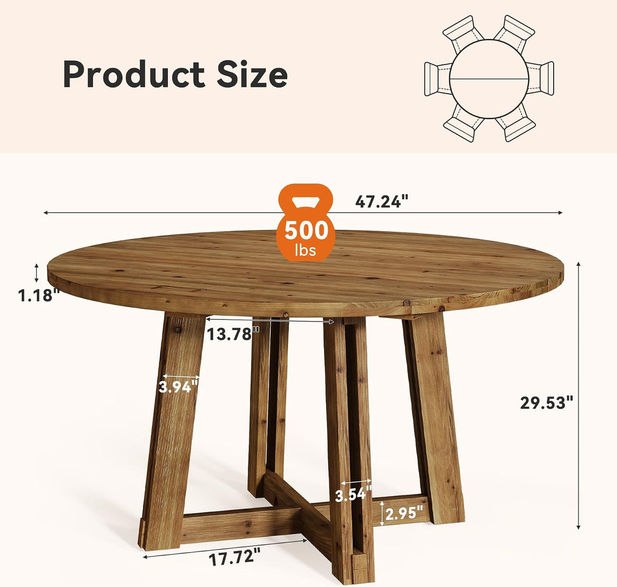 47.3" Solid Wood Dining Table for 4-6, Round Wood Kitchen Table