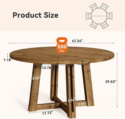 47.3" Solid Wood Dining Table for 4-6, Round Wood Kitchen Table