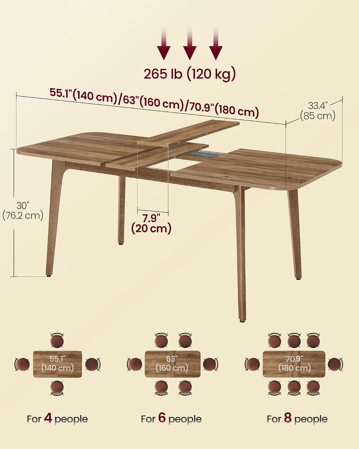 VASAGLE 70.9'' Dining Table for 4-8 People, Kitchen Table
