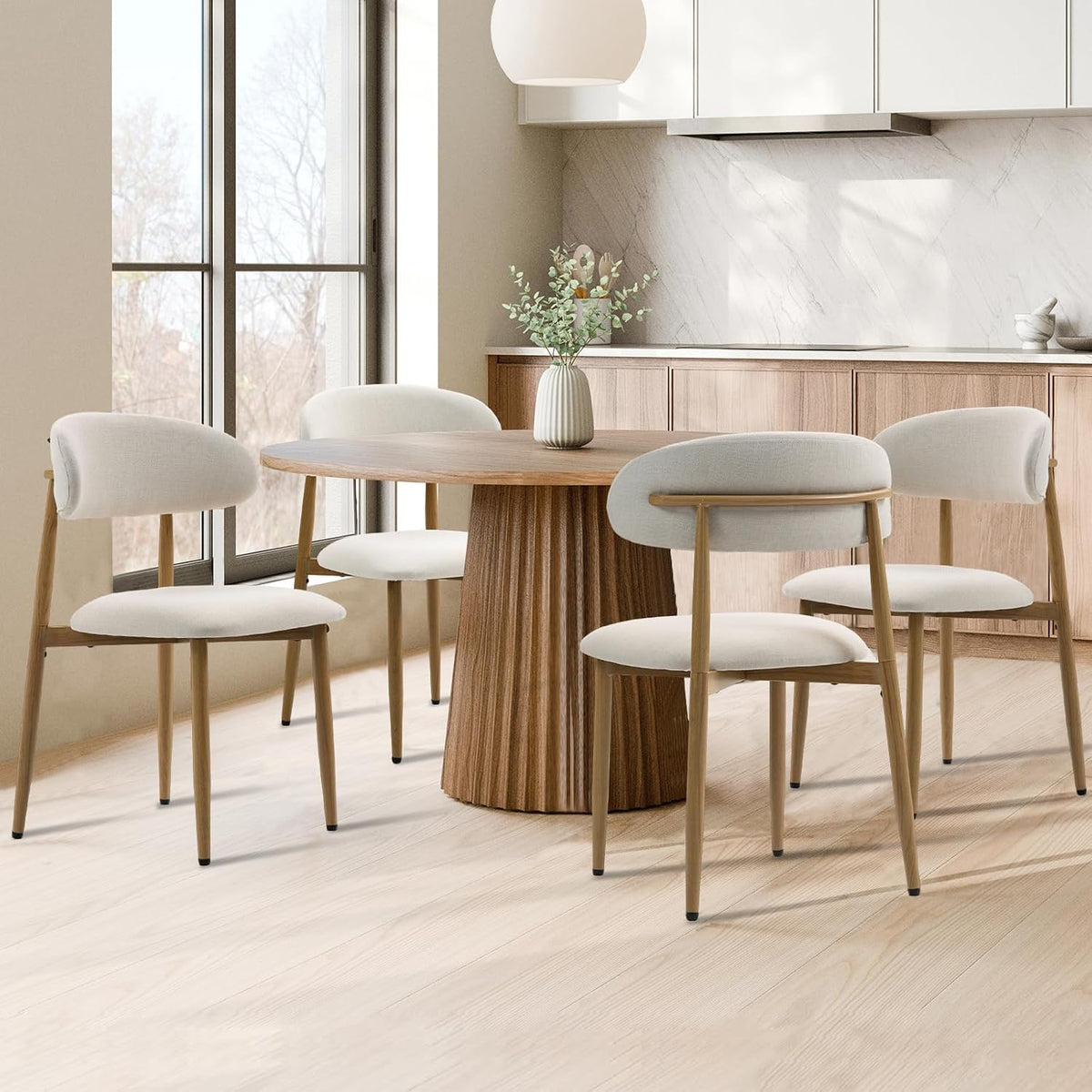 UVV Dining Chairs Set of 4, Metal Kitchen Chairs with Modern Fabric Upholstered for Dining Room, Beige