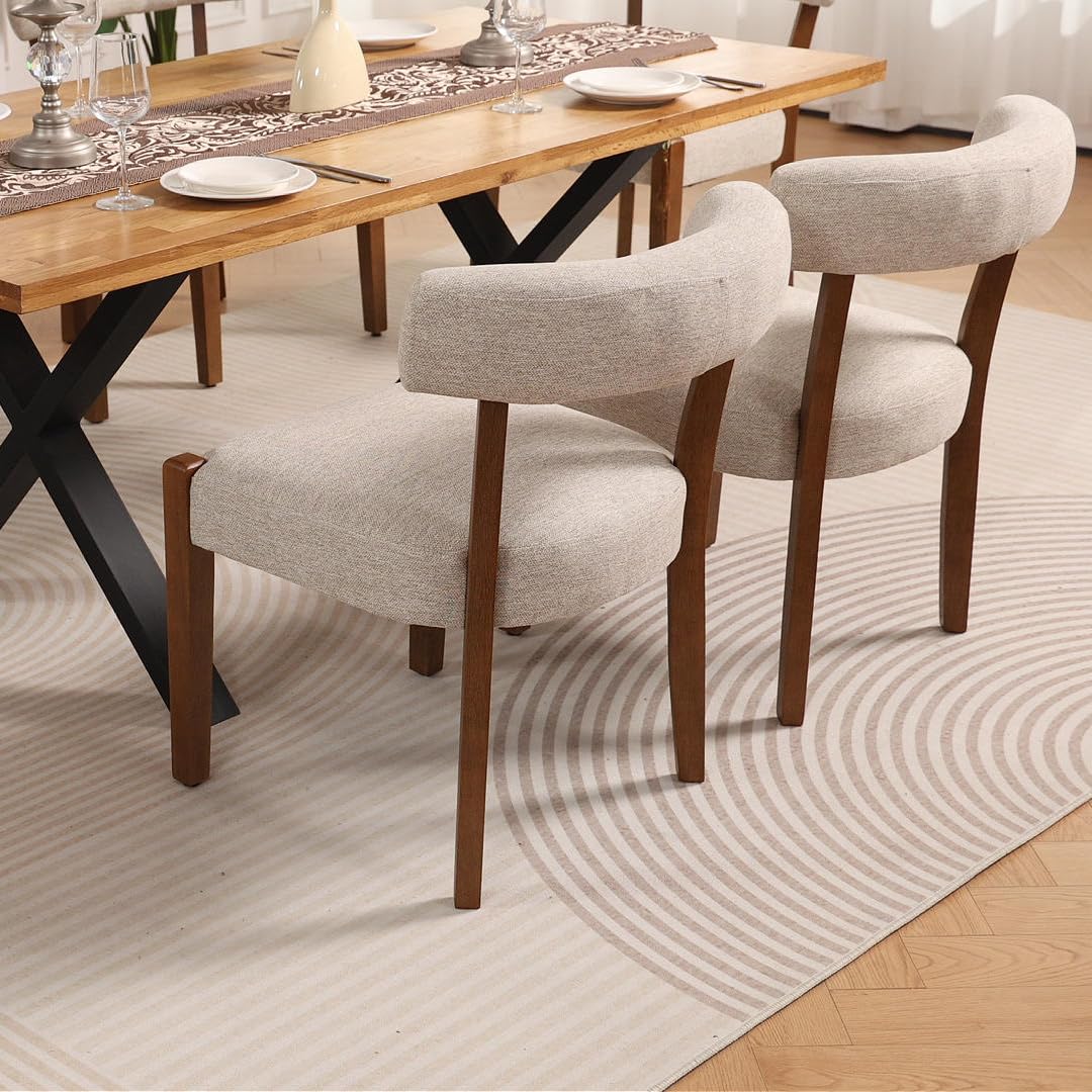 RNKSFX Modern Dining Chairs Set of 4, Faux Leather Upholstered Kitchen & Dining Room Chairs, Mid Century Modern Wooden Dining Chairs Oversized Sturdy Rounded Chairs Curved Back, Beige