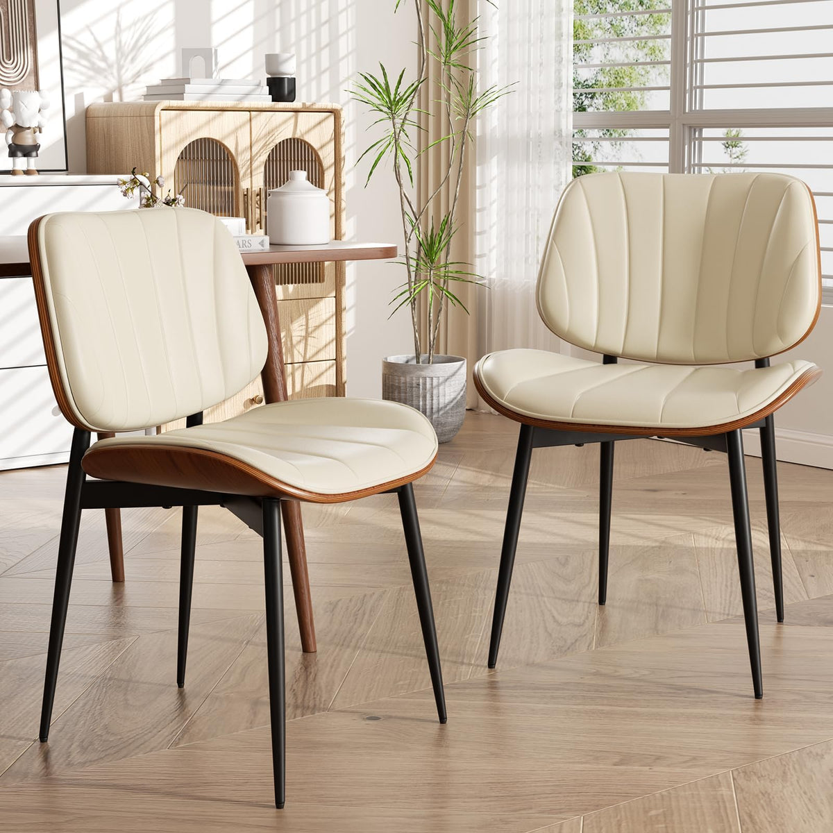 Dining Chairs Set of 2, Mid Century Modern Dining Room Chair, Upholstered Faux Leather Kitchen Chairs with Walnut Bentwood Back and Metal Legs for Kitchen Dining Room Living Room, Black