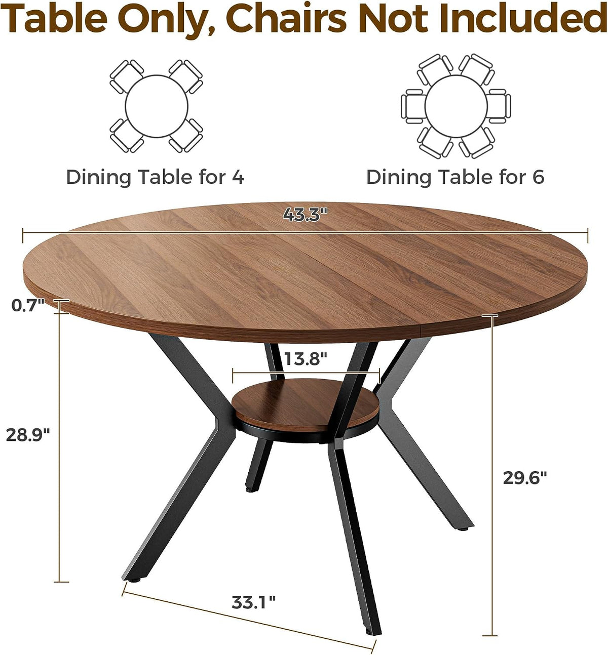 IRONCK Round Dining Table for 4, 43" Farmhouse Kitchen Table with Storage