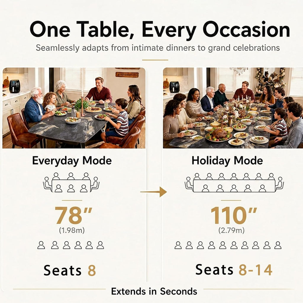 Extendable Dining Table with Leaf, 78"-110" Rectangular Sintered Stone, Marble-Look Top, Seats 6-14, Metal Base, Easy-Clean, Heat & Scratch Resistant, Dining Room/Kitchen Table for Family Gatherings