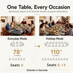 Extendable Dining Table with Leaf, 78"-110" Rectangular Sintered Stone, Marble-Look Top, Seats 6-14, Metal Base, Easy-Clean, Heat & Scratch Resistant, Dining Room/Kitchen Table for Family Gatherings