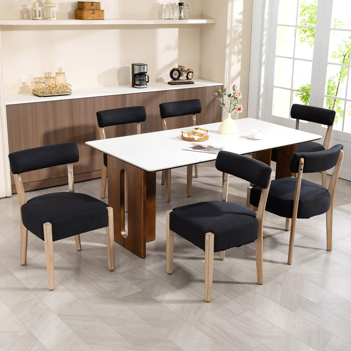 ZJhome Dining Chairs Set of 4,Mid Century Modern Dining Chair Set - Linen Upholstered Low Back Kitchen & Dining Room Chairs with Woven Design,Oatmeal Fabric