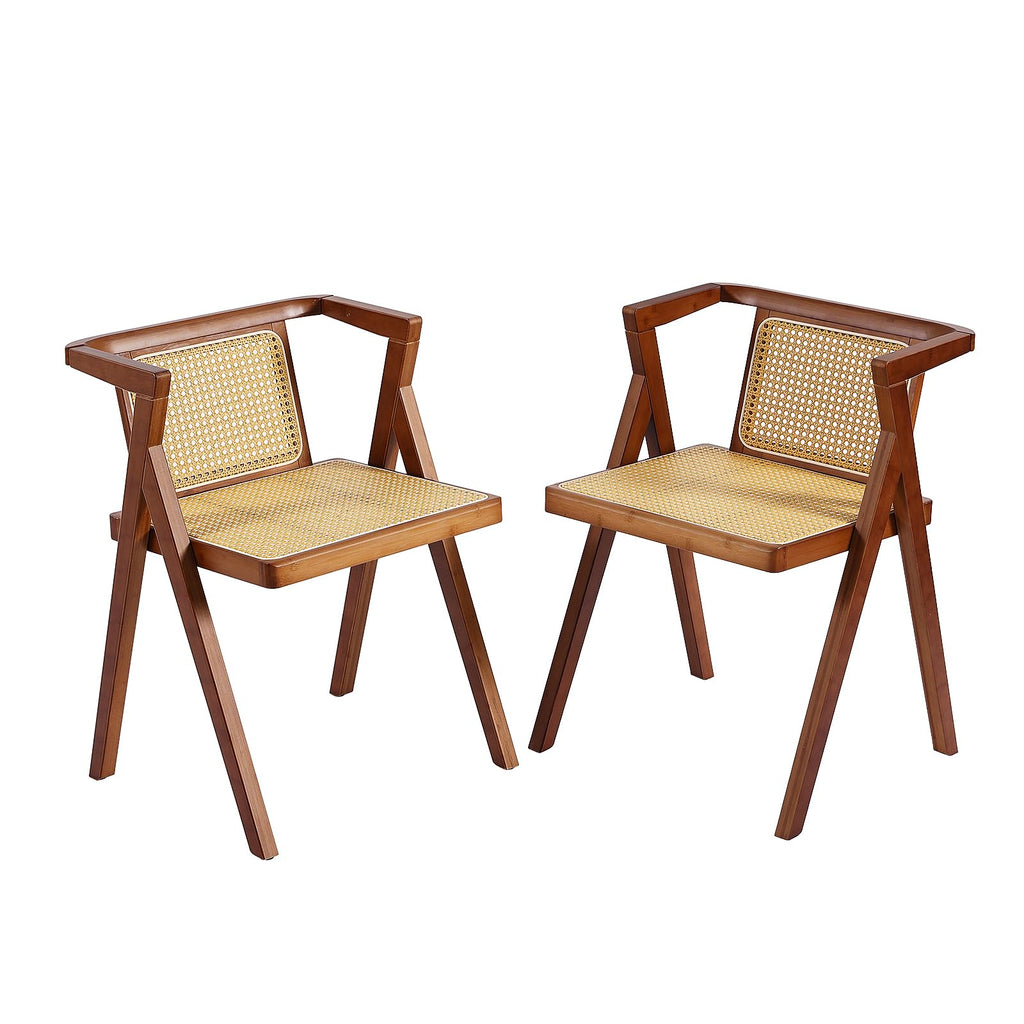 Furlide Rattan Dining Chairs Set of 2, Bamboo Armchairs in Walnut