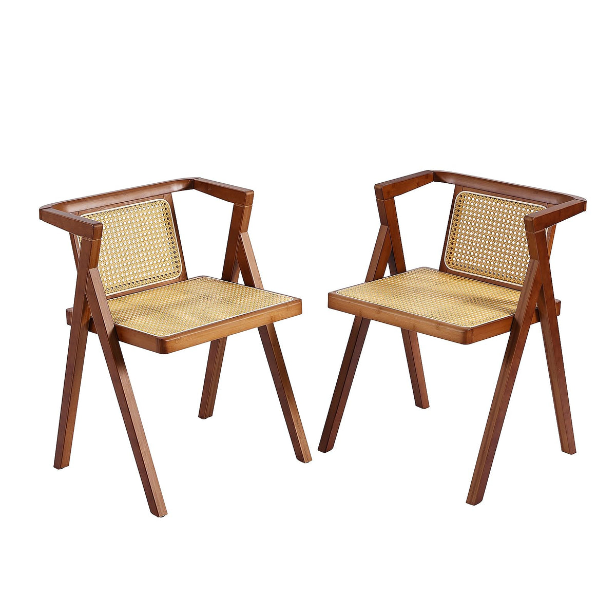 Furlide Rattan Dining Chairs Set of 2, Bamboo Armchairs in Walnut