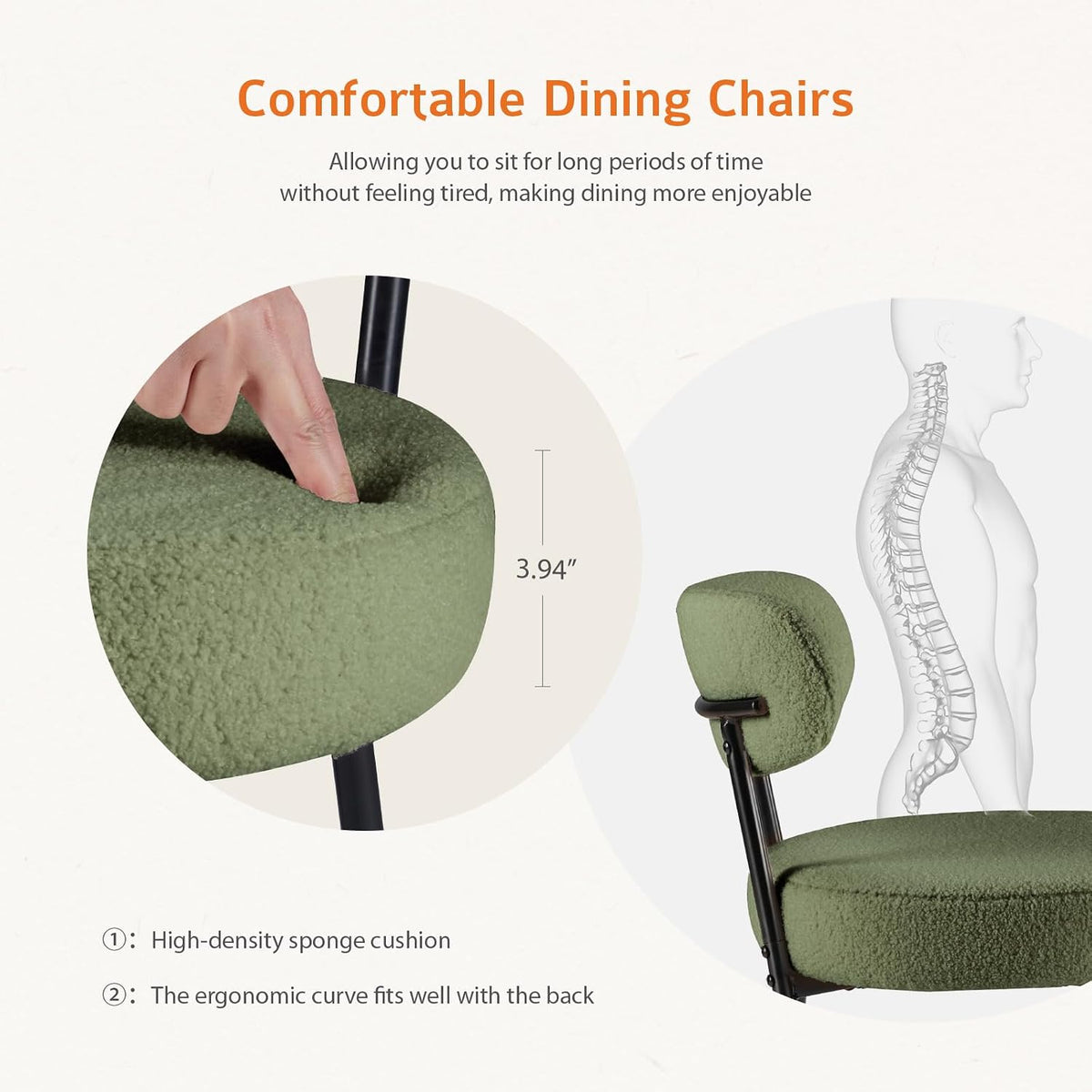 DUMOS Dining Chairs Set of 2, Mid Century Modern Chair Round Upholstered Curved Backrest, Kitchen Vanity Living Room Chairs with Black Metal Legs, Green