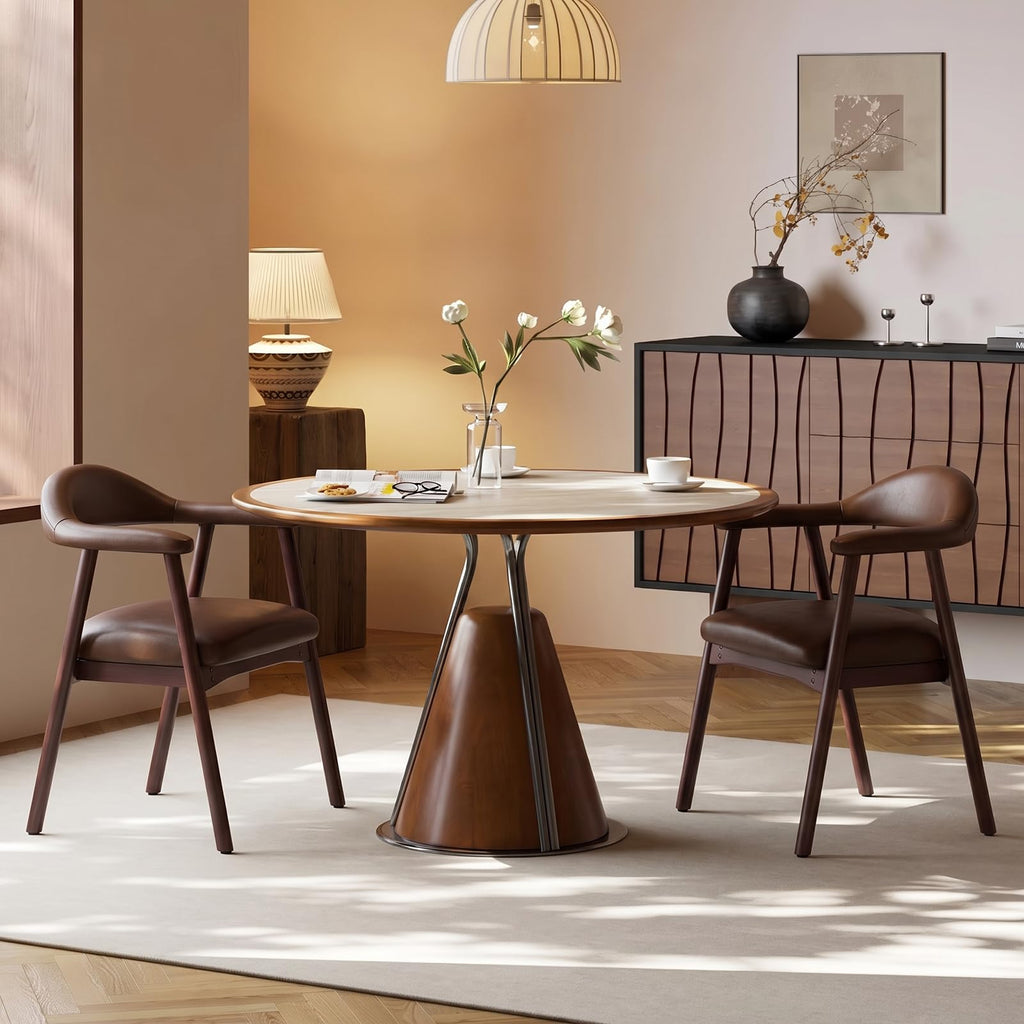 MALOL Leather Dining Chair with Armrest Set of 4, Upholstered Dining Room Chair with Curved Back and Wood Legs, Mid Century Modern Kitchen Chairs for Kitchen Dining Room,Brown