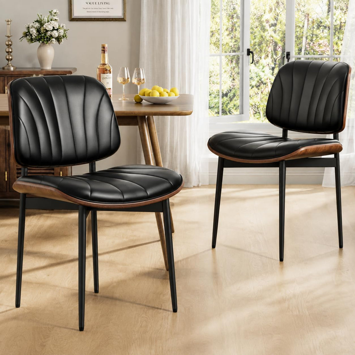 REONEY Dining Chairs Set of 2, Mid-Century Modern Kitchen Chairs, Black