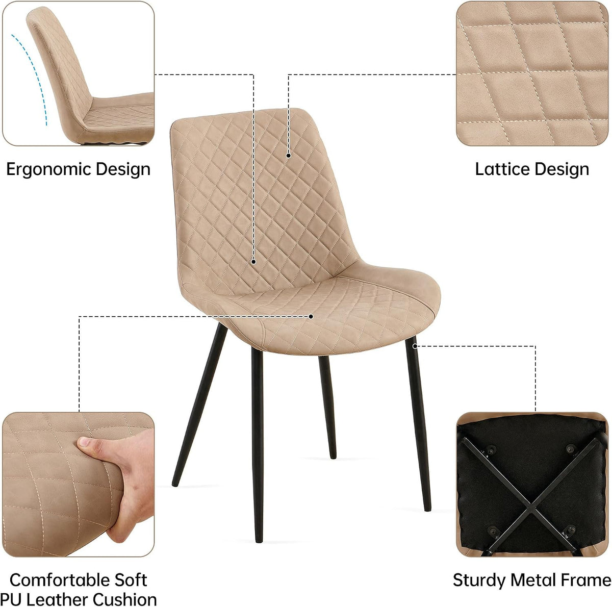 PU Leather Dining Chairs Set of 4, Modern Armless Dining Room Chairs, Comfy Upholstered Kitchen Chairs with Backrest, Black Metal Legs for Living Room, Dinning Room, Beige