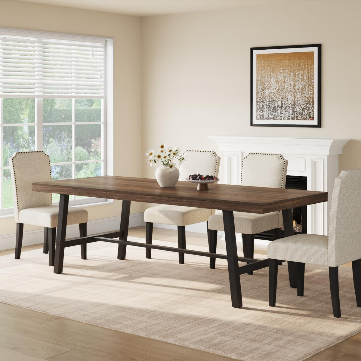 GarveeHome 63-83" Extendable Dining Table, Industrial Rectangular Dining Room Table for 6-8 People, Expandable Kitchen Table with Heavy Duty Metal Frame for Dining Room, Kitchen & Parties, Rustic Pear