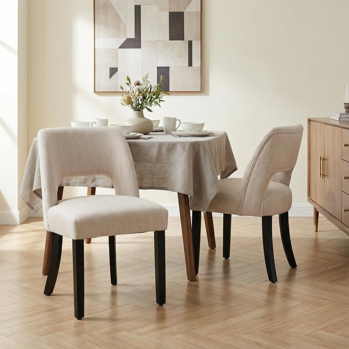 keoni Wooden Dining Chairs Set of 4 with Black Rubberwood Legs and Backrest