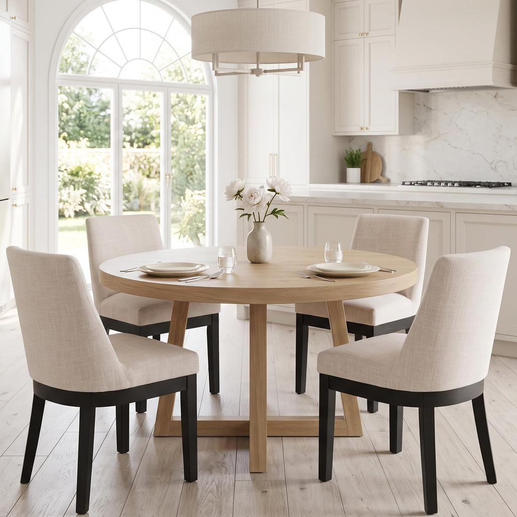 RIVOVA Upholstered Dining Chairs Set of 4, Modern Wooden Dining Room Chair Linen Fabric Kitchen Chairs Farmhouse Dinner Chair with Hardwood Frame, Beige