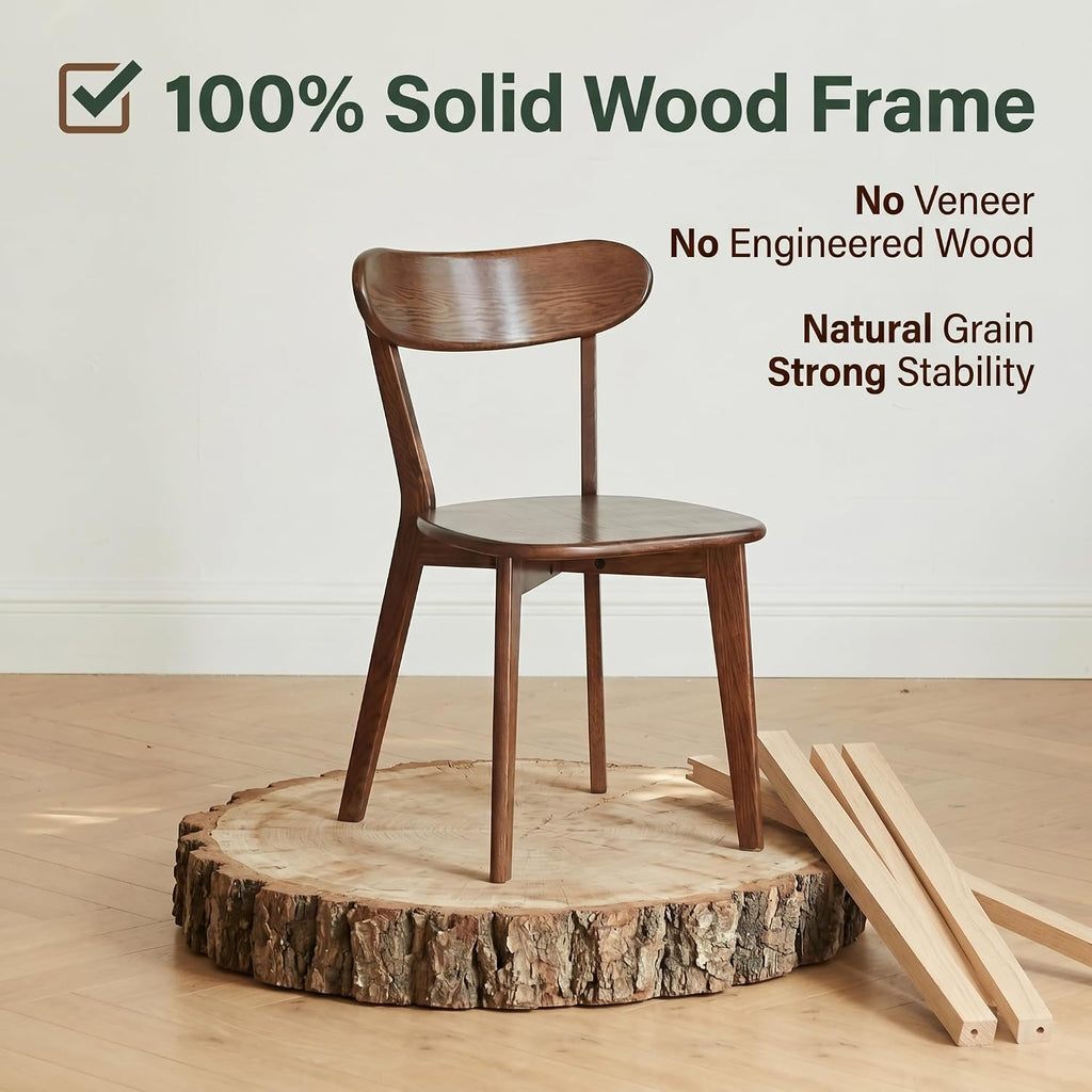 100% Solid Oak Dining Chairs Set of 4, Mid-Century Modern Dining Room Chairs, Wooden Kitchen Chairs with Curved Backrest, Walnut Brown Finish, Sillas de Comedor (4 Chairs)