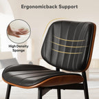 Dining Chairs Set of 2, Mid Century Modern Dining Room Chair, Upholstered Faux Leather Kitchen Chairs with Walnut Bentwood Back and Metal Legs for Kitchen Dining Room Living Room, Black