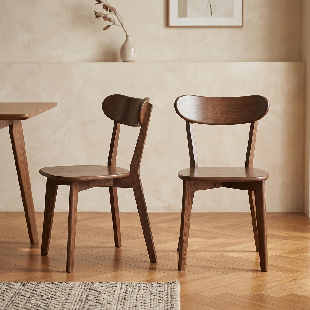 100% Solid Oak Dining Chairs Set of 4, Mid-Century Modern Dining Room Chairs, Wooden Kitchen Chairs with Curved Backrest, Walnut Brown Finish, Sillas de Comedor (4 Chairs)
