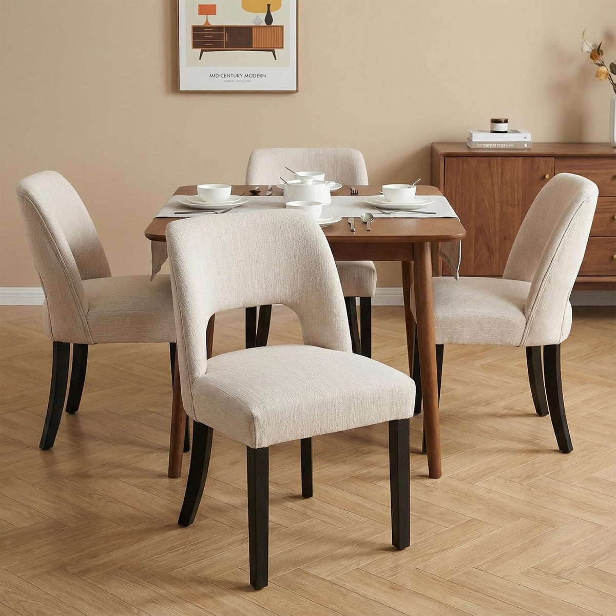 keoni Wooden Dining Chairs Set of 4 with Black Rubberwood Legs and Backrest