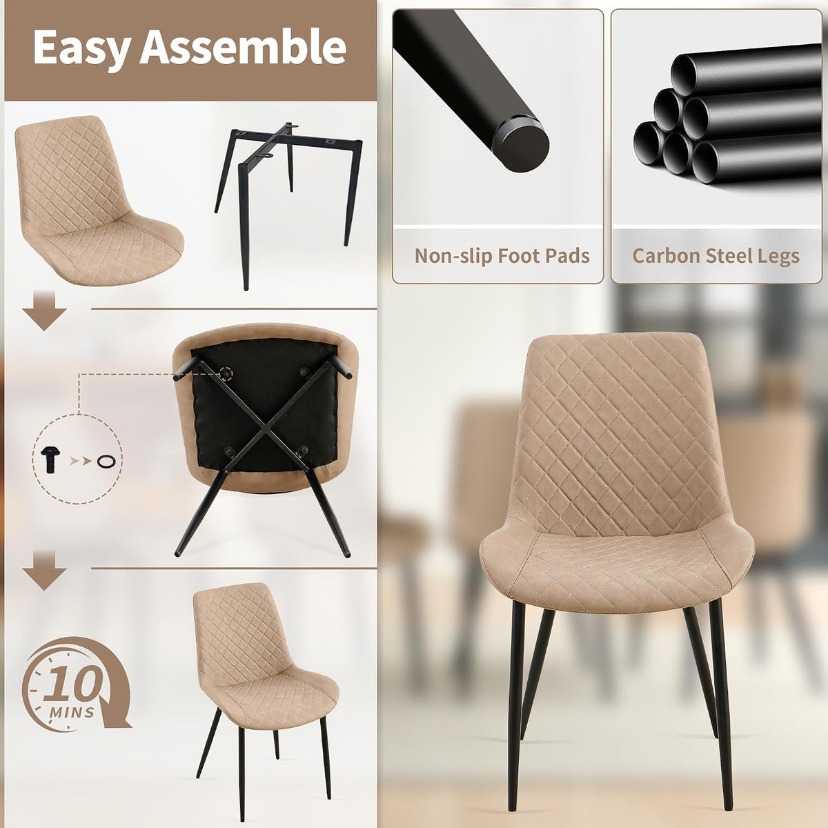 PU Leather Dining Chairs Set of 4, Modern Armless Dining Room Chairs, Comfy Upholstered Kitchen Chairs with Backrest, Black Metal Legs for Living Room, Dinning Room, Beige