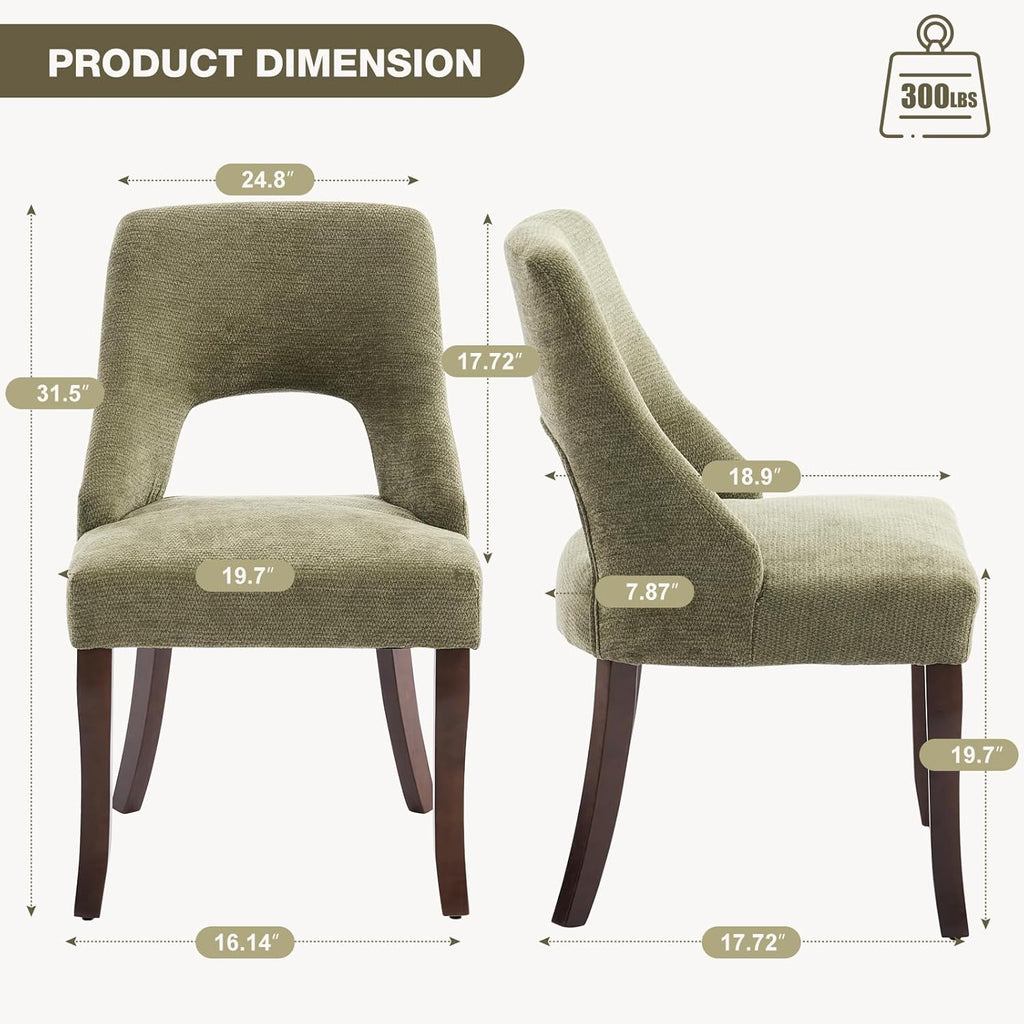 UVV Wooden Dining Chairs Set of 2, Mid Century Modern Chenille Upholstered Dining Room Chair Kitchen Chairs, Farmhouse Dinner Chair with Solid Wood Legs for Kitchen Dining Room, Green