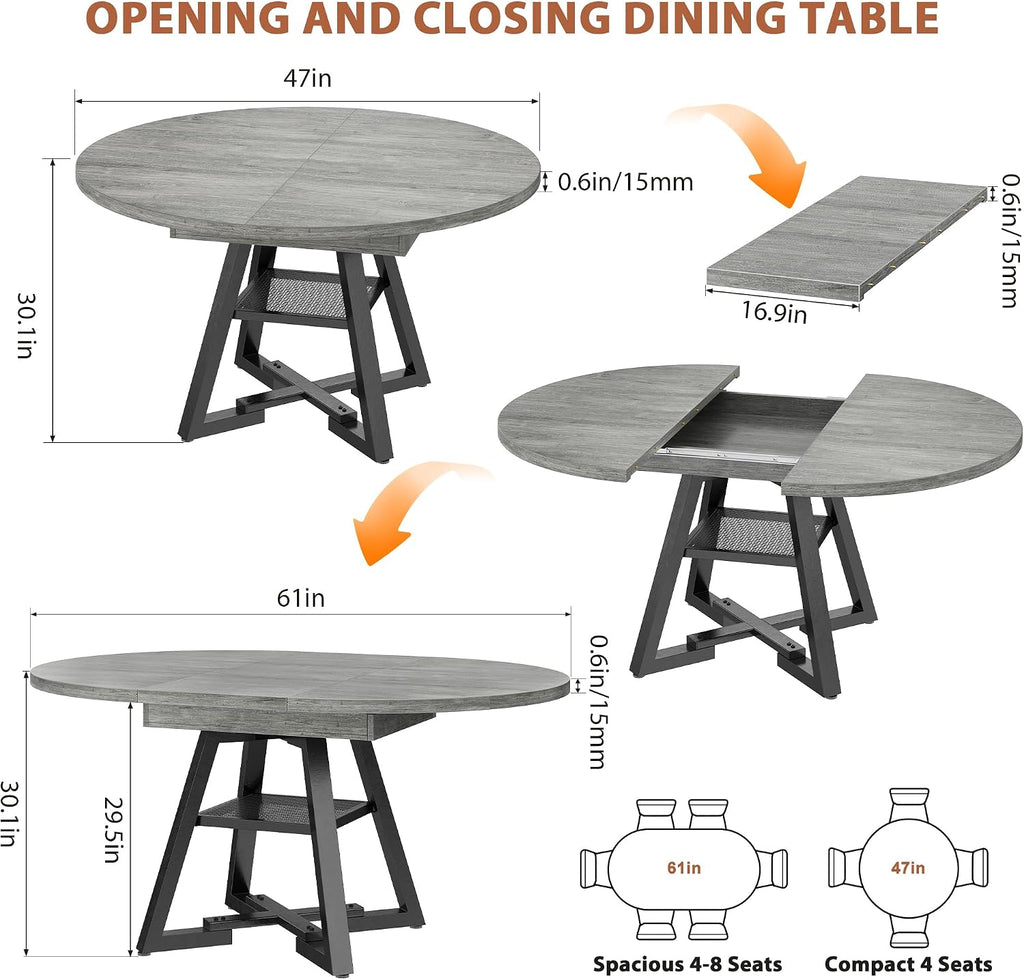Jocoevol Extendable Round Dining Table for 4-8, Round to Oval Dining Table with Open Storage Shelf, Space Saving Expandable Kitchen Table, Modern Design for Apartments & Dining Rooms,Grey
