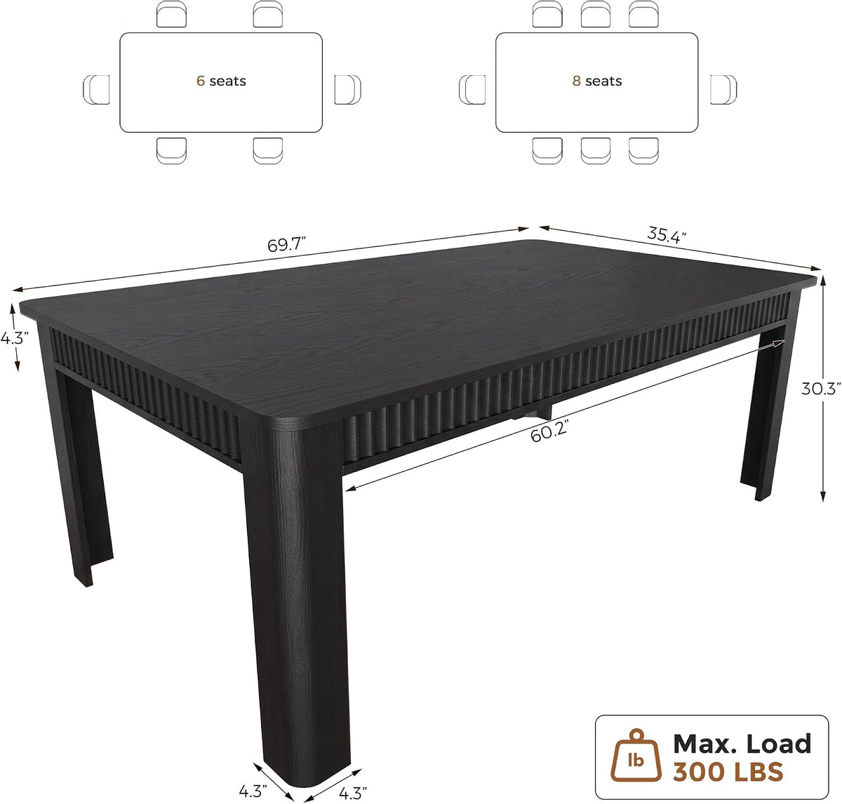 MapleGrace 70" Rectangle Dining Table for 6-8, Wooden Kitchen Table, Black